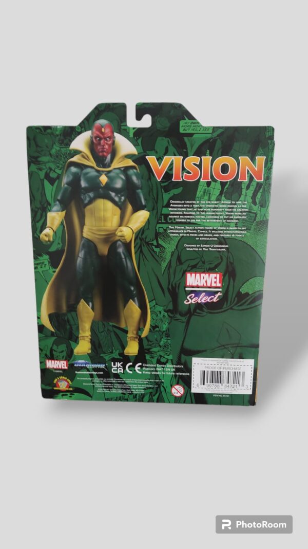 Figura de colección de Vision, personaje de Marvel comics, la figura es semejante al Vision del cómic, con su traje verde y amarillo.