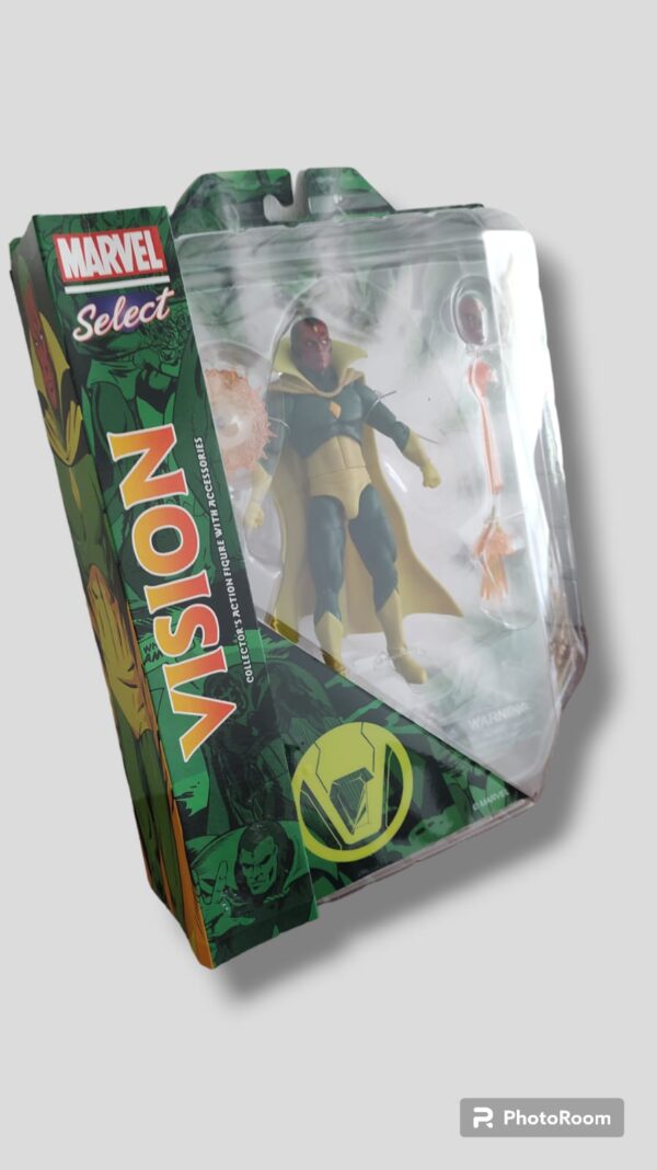 Figura de colección de Vision, personaje de Marvel comics, la figura es semejante al Vision del cómic, con su traje verde y amarillo.