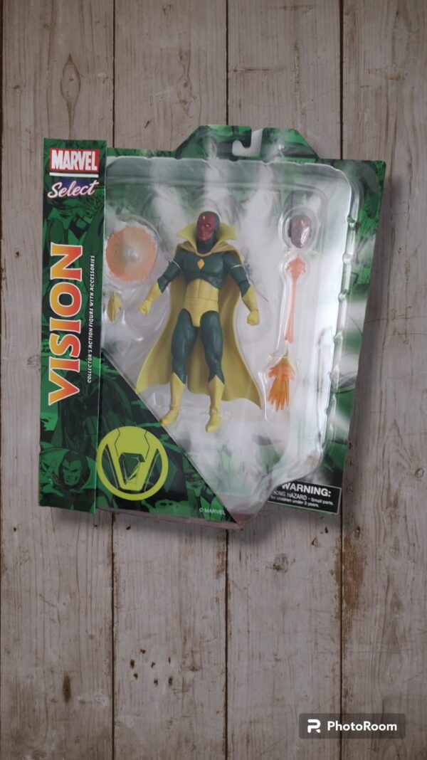 Figura de colección de Vision, personaje de Marvel comics, la figura es semejante al Vision del cómic, con su traje verde y amarillo.